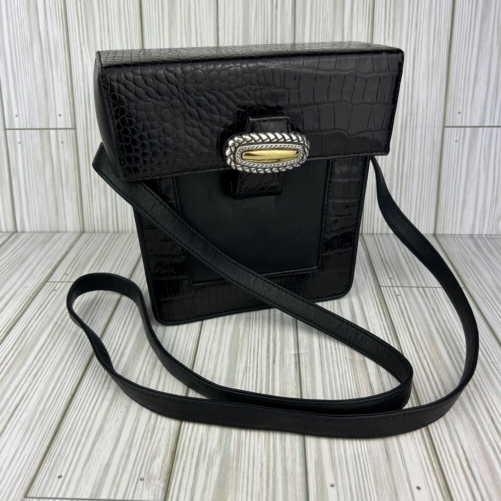 One World Brighton Vintage 80s 90s Black Croc Leather Box Crossbody Purse Bag